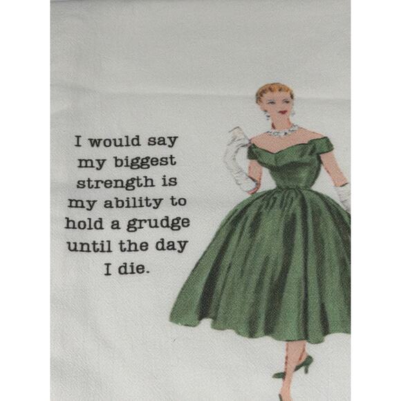 Cora & Pate Tea Towel Kitchen White Flour Sack Funny "My Biggest Strength.." NWT - Picture 5 of 5